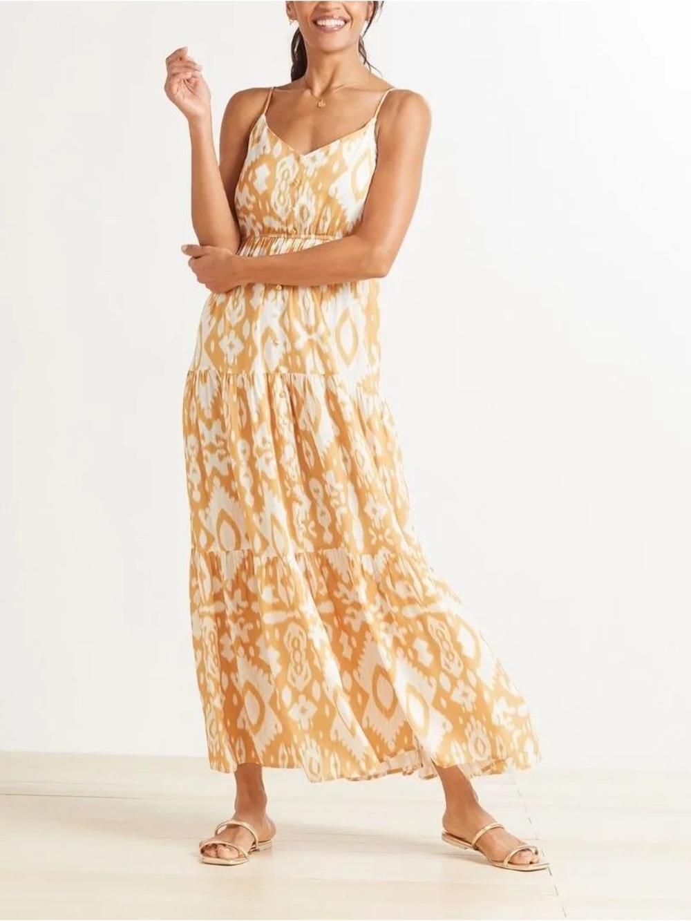 NWOT BB Dakota by Steve Madden Tiered Ikat Print Maxi Dress in Mustard and White